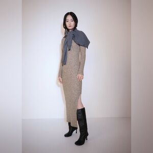 Mango Ribbed Knit Dress With Opening Tan Size Medium